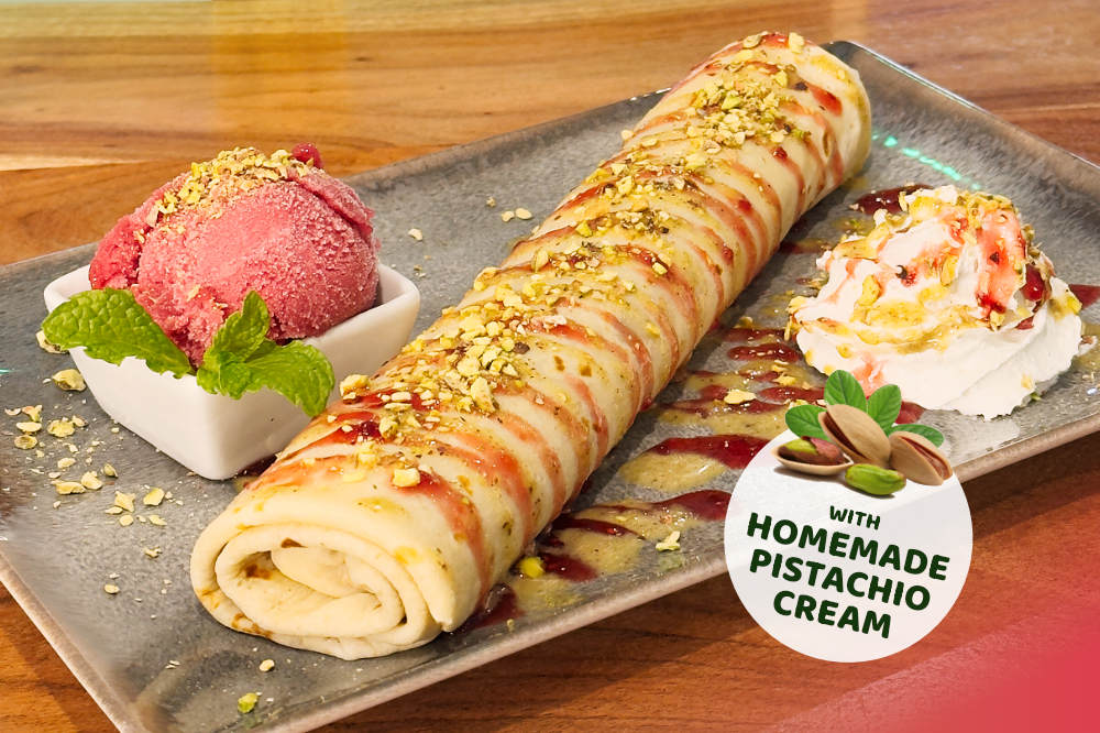 Giant Crepes In Budapest | J&G Palacsintafaló 1 Pistachio cream and raspberry
